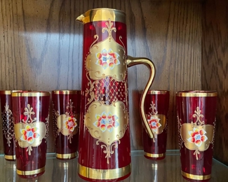 Vintage Murano ruby red glass hand painted carafe & glasses,  $99