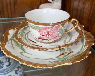 1920's L.R.L. ("Lazeyras, Rosenfeld, and Lehman") Limoge pink floral gold rimmed dessert plate and teacup & saucer , $45