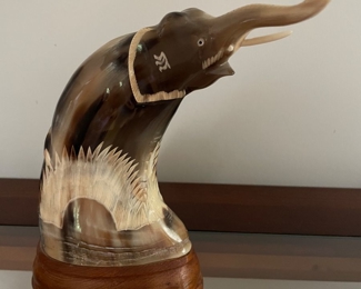 Vintage Hand Carved Bovine Horn Elephant Sculpture mounted on wooden base 9.5"H,   $68