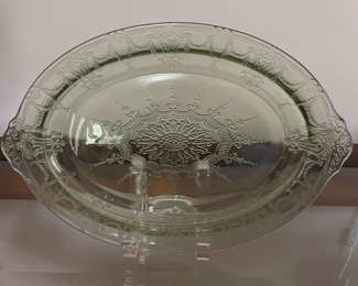 Rare green oval depression glass serving platter, 11.75" x 8"W,  $28