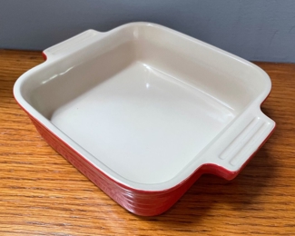 Le Creuset red & white square casserole, $16