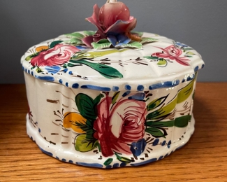Italian vintage porcelain lidded circular box, hand painted, $44