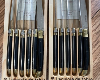 2 Set of 6 French Jean Dubost "Laguiole" Steak Knives, Black & Gold w/ Bee + Box,  $75 each box