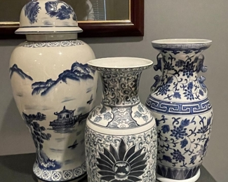 21" Ginger jar w/lid, $40, 14" Blue & white vase with intricate handles, $34.  Maitland Smith blue & white vase, 13"H,  $65