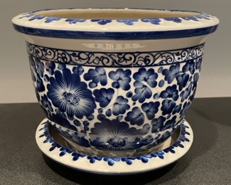 Blue & white pot with dish,  $24