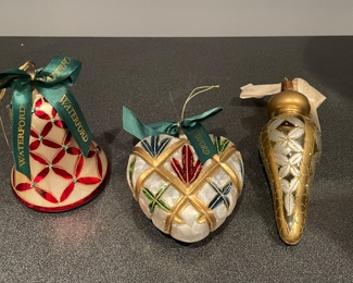 Waterford Holiday Heirlooms Holiday Killeen Bell ornament, $20.  Waterford Holiday Heirlooms Lismore Heart Christmas ornament, $20.  Gold & white Waterford ornament,  $15