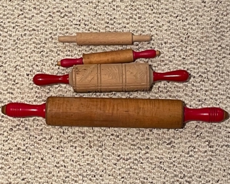 Vintage rolling pins, from top down. $3, $4(small w/ red handles, $7 cookie press w/red handles, $8 large w/ red handles