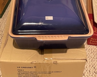Le Creuset cobalt blue rectangular casserole w/lid, $60