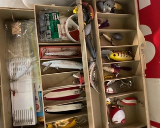 Vintage fishing lures and box