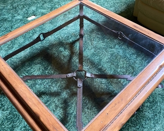Vintage (1980’s)leather  iron strap equestrian coffee table 