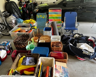 Baskets, beach chairs, lacrosse and hockey equipment