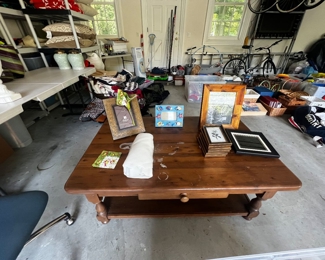 Coffee table, picture frames