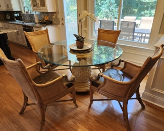 Hooker Brand Round Glass Top w/ Stone Pineapple  Pedestal Base, Includes 4 Chairs w/ Leather Seats and Silver Fish Arm Detail, 53” w x 30” h