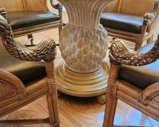 Hooker Brand Round Glass Top w/ Stone Pineapple  Pedestal Base, Includes 4 Chairs w/ Leather Seats and Silver Fish Arm Detail, 53” w x 30” h
