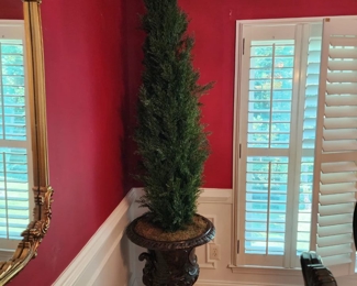 Faux Silk Potted Cedar Topiary Tree w/ Baroque Style Urn Planter