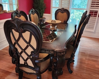 Elegant Old World Traditional Dining Room Table, Includes 6 Dining Chairs and 3 Leaves, 45”w x 30”h x 84”d, Leaf Size 45”w x 24” d