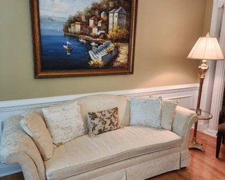 Highland House Cream Foliage Print Rolled Arm Sofa, 87”w x 34”h x 32”d 