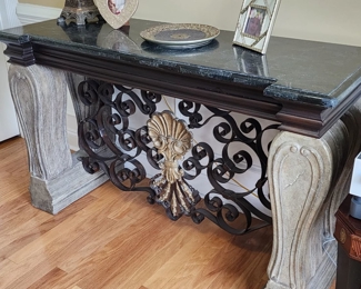 Stone and Wrought Iron Console Table, 60”w x 36”h x 20”d