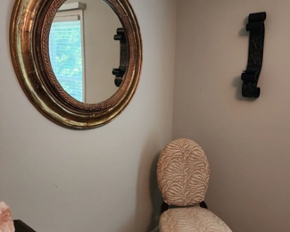 Round Gilded Mirror, Pier 1  Patterned Accent Chair