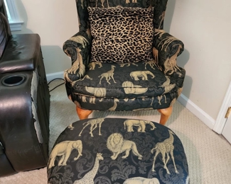 Black and Tan Safari Animal Upholstered Chair and Ottoman