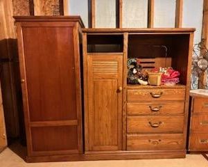 Oak Entertainment Center, 48”w x 60 1/2”h x 19”d, Oak Wardrobe, 25”w x 65”h x 22 1/2” d