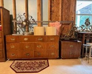 Dixie Campaigner Chest of 7 Drawers, 60”w x 30”h x 18 1/2” d, Campaigner End Table, 24”w x 22 1/2”h x 17” d