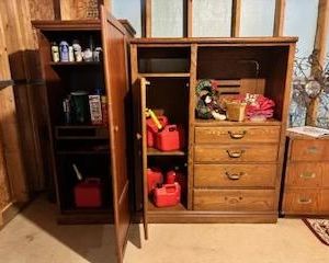 Oak Entertainment Center, 48”w x 60 1/2”h x 19”d, Oak Wardrobe, 25”w x 65”h x 22 1/2”d