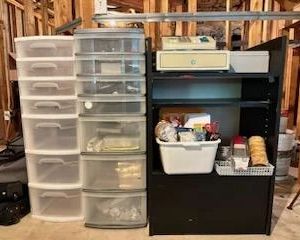 Plastic Storage Drawers and Office and Sewing Supplies