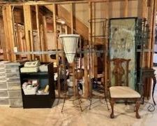 Decorative Tufted Panels, Iron Plant Holders, Large Iron Candleholder, and Splat Back Chair