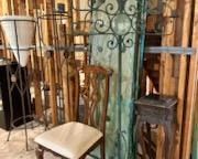 Decorative Tufted Panels, Iron Plant Holders, Large Iron Candleholder, and Splat Back Chair
