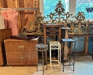 Dixie Campaigner End Table, 24”w x 22 1/2”h x 17” d, Varied Small Accent Tables, Gold Rococo Style Headboard