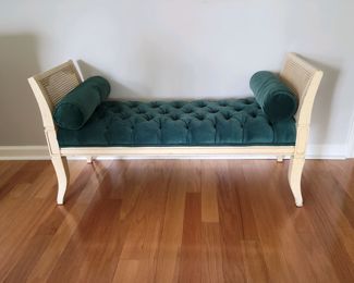 Green Upholstered Caned Bench 