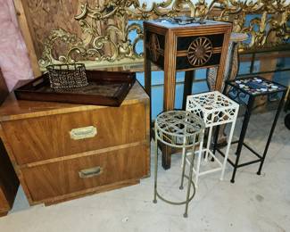 Dixie Campaigner End Table, 24”w x 22 1/2”h x 17” d, Varied Small Accent Tables, Gold Rococo Style Headboard