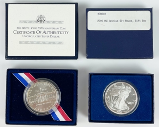 1992-D U.S. White House 200th Anniversary 90% Silver Coin W/ Certificate Of Authenticity & 2000 Millennium American Eagle 99.9% Silver Coin
