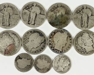 11 1899-1941 U.S. 90% Silver Barber Quarters, Standing Liberty Quarter, & Barber Dimes
