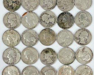 25 1945-1964 U.S. Washington Quarters 90% Silver Coins: 11 Struck In Denver, 1 Struck In San Francisco
