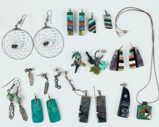 Native American Silver Jewelry Lot: Turquoise, Onyx, Coral, Tigers Eye, Mother Of Pearl
