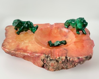 Decorative Alabaster Stone Ash Tray & Malachite Rhino Lion Figurines
