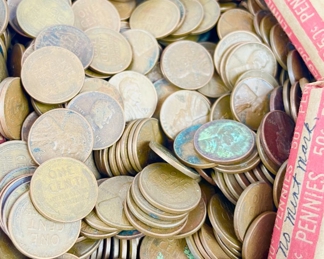 20 LB Bag Of United States Wheat Pennies: Some Indian Penny Heads, A Few Steel Pennies, 10 Rolls Of 50 Cent Pennies
