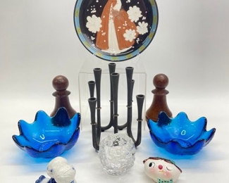 Mid Century Modern MCM European Porcelain Salt & Pepper Shakers DANSK Candle Holders AND BLenko ART GLASS LOTUS CATCH ALL BOWL
