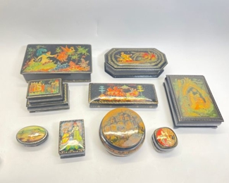 Vintage Signed Russian Wooden Lacquered Hand painted round and Square trinket boxes
