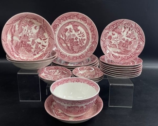 Vintage Allertons English Red Transfer ware Ironstone Plates bowls and saucers
