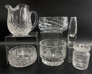 Waterford Crystal Water pitcher and Sugar Jar and fine crystal cut center piece bowls plus one small polish skinny vase
