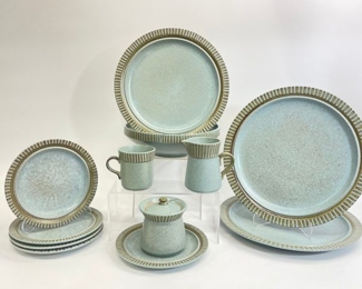 Art pottery MCM Genuine Kasuga Genuine Japanese stoneware Brown and Mint plates bowls sugar and creamer
