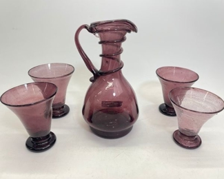 Vintage Amethyst blown Art Glass swirl rough pontil Pitcher & cups
