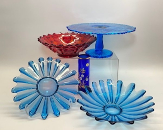Art glass Vintage Cut Glass Cake stand ; 2 Fostoria Celestial Blue Glass Trinket Dish or Platter ; Vintage Fostoria Red Holly Bowl, Collectible Fostoria Cadmium UV Reactive
