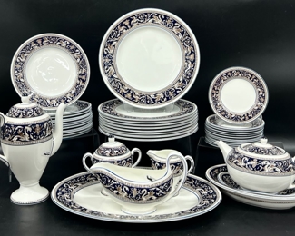 Wedgwood Florentine W1956 English Bone China Dinner Plates, Salad Plates, Desert Plates, Serving Tray, Lidded Sugar Jar, Creamer, and Gravy Boat
