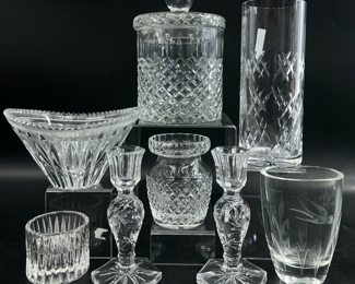 Waterford Crystal Jar, Waterford By Marquis Candle Holder Tiffany & Co Vase, Yugoslavia Lidded jar, & Assorted Unmark Crystal Lot
