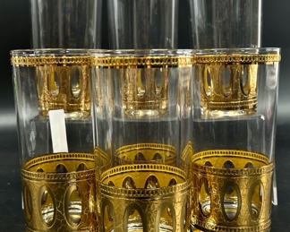Mid Century Modern Hollywood Regency Culver Antigua Highball 22kt Gold Glasses Set Of Seven
