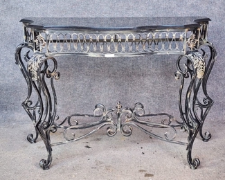 Vintage Fancy Scrolled Iron Work Bevelled Granite top console table Hollywood Regency Style
